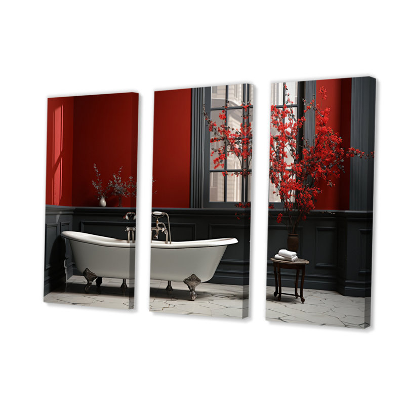 «Red Modern Bathroom Charm V» sur toile, ensemble de 3 pièces, H 28 po x l 36 po x P 1 po