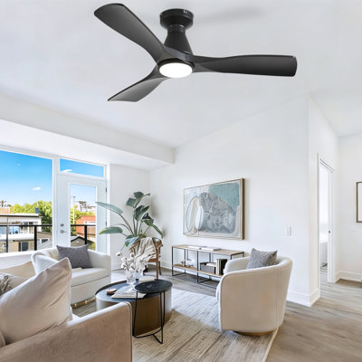 42 Inch 3 Black Blade Flush Mount Low Profile Ceiling Fan with Lights and Remote, Dimmable Indoor Outdoor Fan with Remote APP Control Quiet DC Motor Timer
