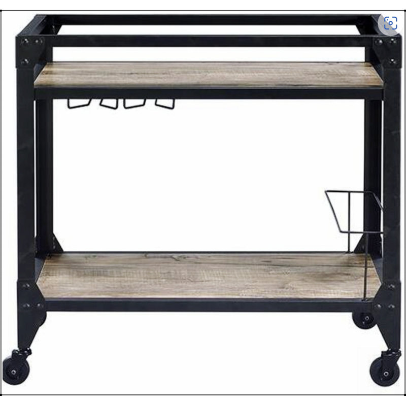 Chariot de service Jorgensen en chêne rustique et gris anthracite avec support à vin et porte-verres à pied pour une réception élégante