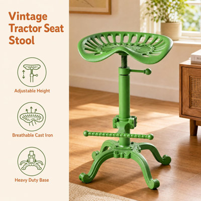 Vintage Tractor Seat Bar Stool, Adjustable Height Cast Iron Swivel Counter Stool with Footrest, Green Industrial Farmhouse Stool for Kitchen Island