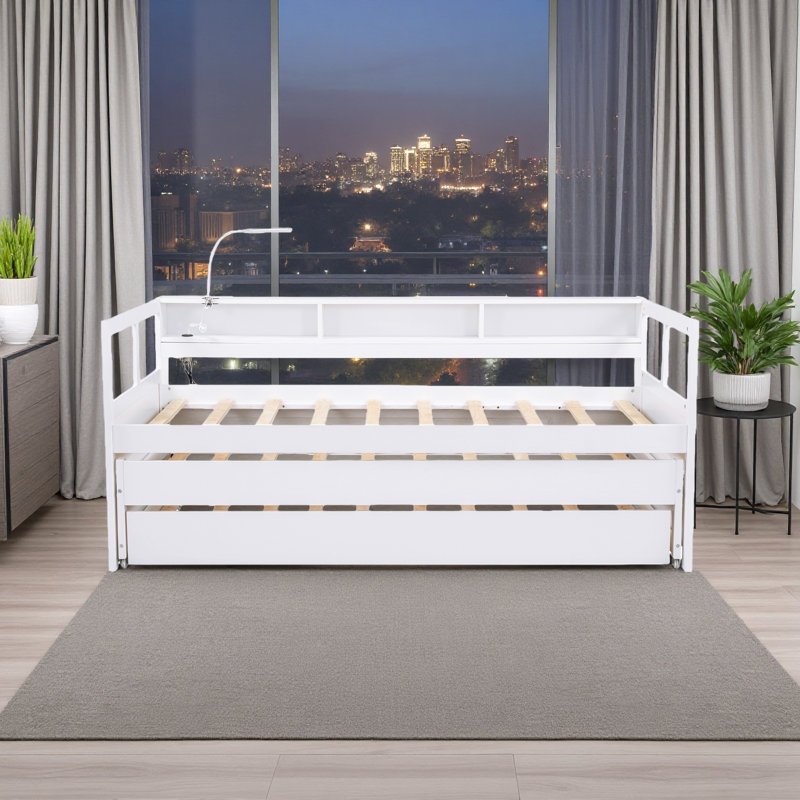 Twin XL Wood Daybed With 2 Trundles, 3 Storage Cubbies, 1 Light For Free And USB Charging Design, White