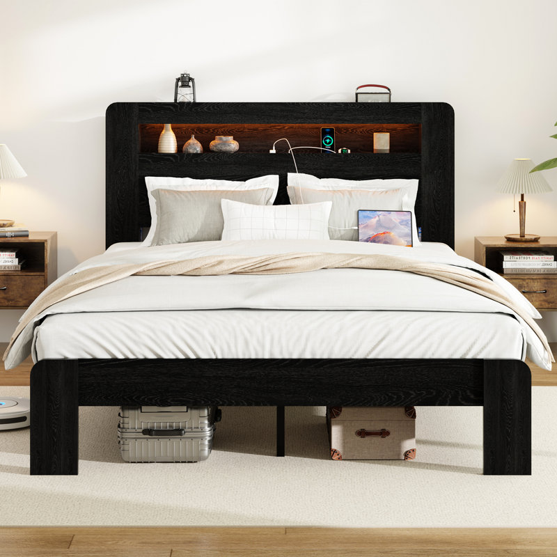Cadre de lit très grand, cadre de lit plateforme en bois avec tête de lit à DEL avec rangement et 2 ports USB, silencieux, aucun sommier nécessaire