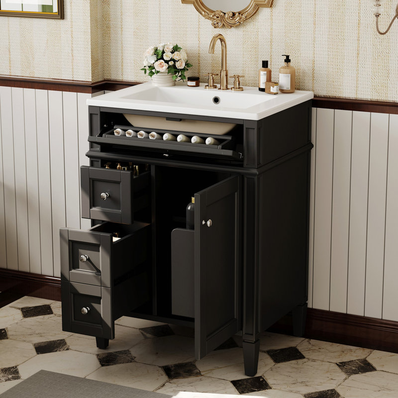 Meuble-lavabo 24 po avec lavabo supérieur, meuble-lavabo moderne avec 2 tiroirs et un tiroir basculant, meuble-lavabo simple