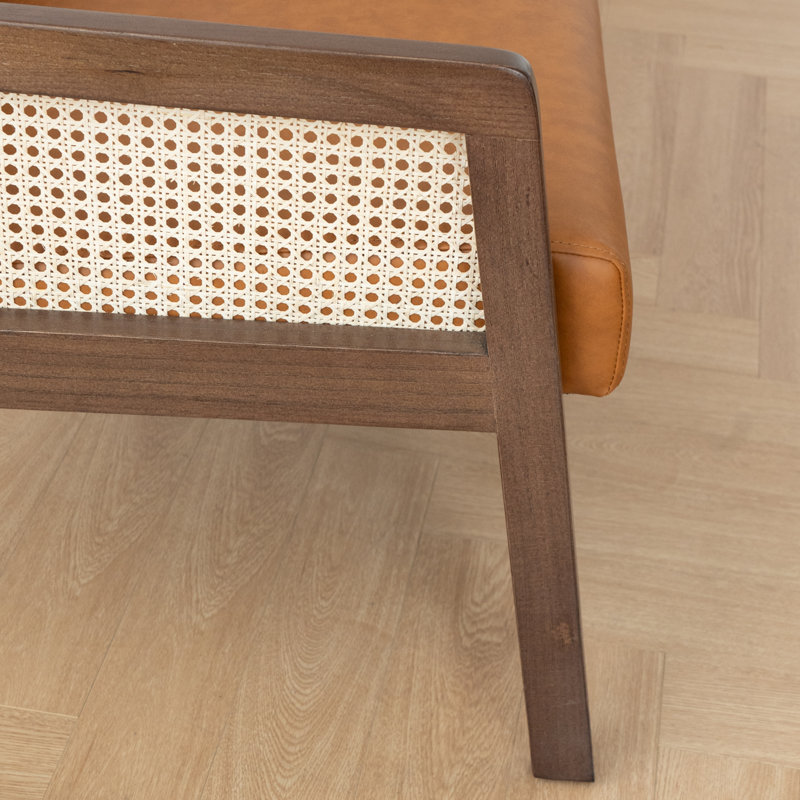 Upholstered Accent Chair With Rattan Mesh Armrests, Brown PU Leather, Brown