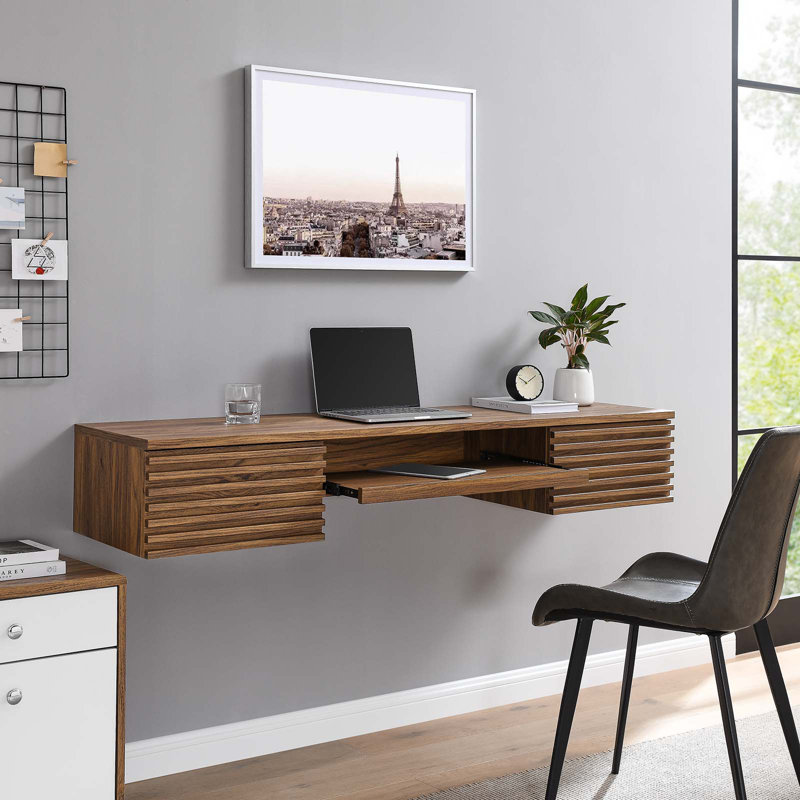 Modway Render Wall Mount Wood Office Desk, Walnut