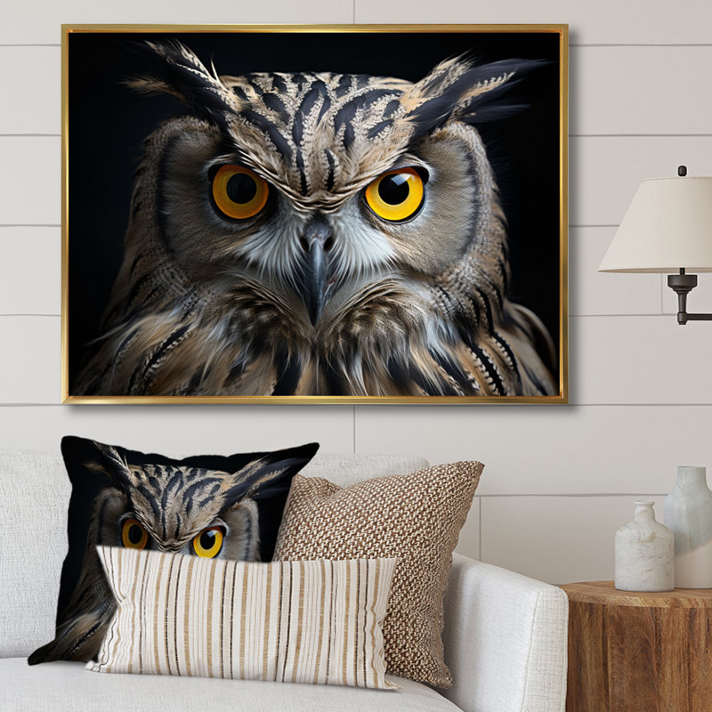 Chouette, reproduction d'art sur toile, portrait d'un oiseau blanc noir, Cadre flottant doré, H 30 po x l 40 po x P 1,5 po