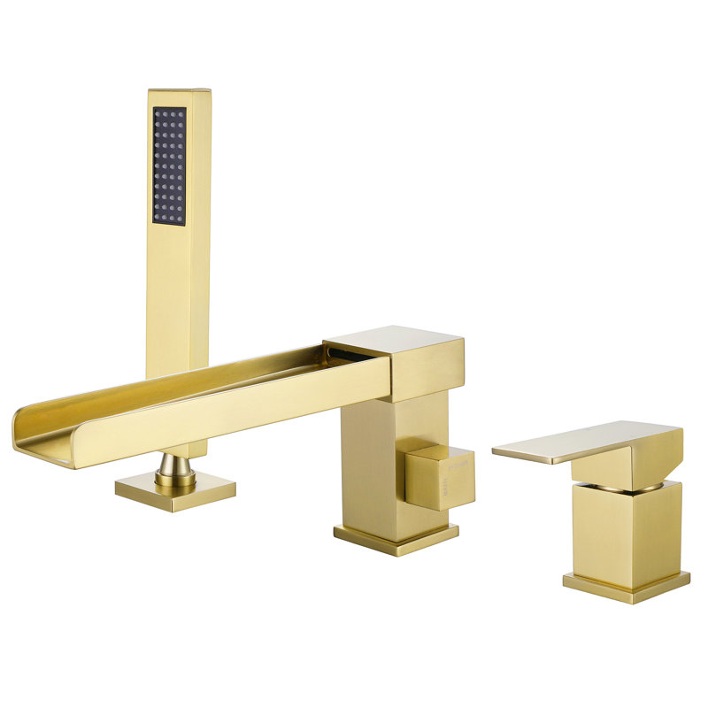 10" Brass Deck Mounted Waterfall Roman Tub Faucets with Handheld Shower, Brushed Gold