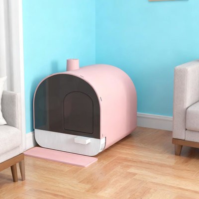 Pink Plastic Cat Litter Box With Entrance Mat And Filter - Private Space For Kittens Small Cats, Removable Tray Easy Maintenance, To Stop Smells, Attached Side, Hut Shape Decor, Assembly Needed Lid