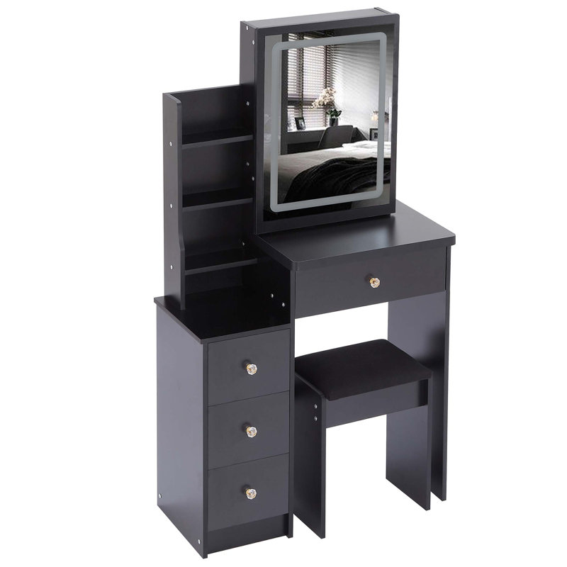 Petit meuble-lavabo de 29,2 po avec tiroir à gauche + tabouret rembourré, 2 blocs d'alimentation CA + 2 ports USB, support pour séchoir à cheveux, très grand miroir à DEL coulissant à contrôle tactile, changement de luminosité tricolore, réglage de la luminosité