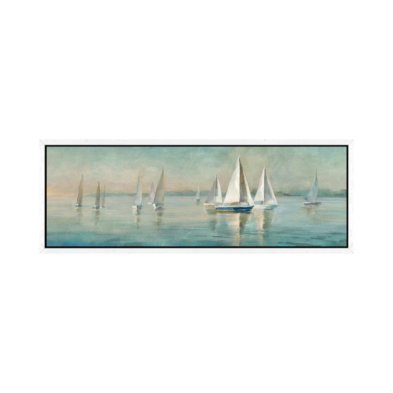 Sailboats at Sunrise 1 Piece Panoramic Painting on Canvas, 121.92 cm H x 40.64 cm W, White Framed Canvas