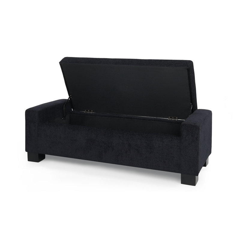 50" Ottoman Bench In Textured Fabric, Rectangular Design With Hinged Lid For Seating, Footrest, And Hidden Storage, Dark Blue