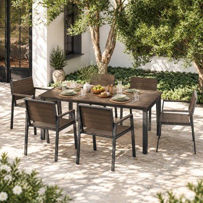 Stackable Aluminum Outdoor Dining Chairs With Wood-Grain Finish(Set Of 6)
