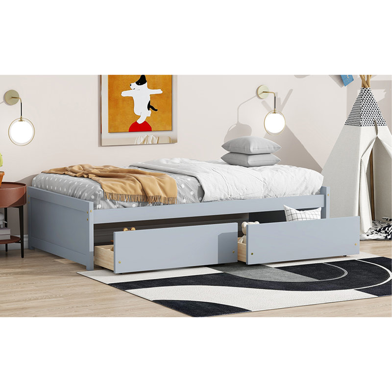 Lit simple avec 2 tiroirs, lit en bois d'hévéa massif, gris, Gris