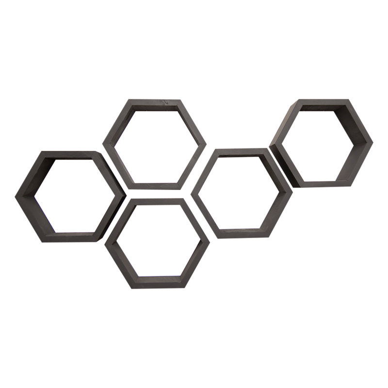 Brandace Solid Alder Wood Hexagon Wall Shelf (Set of 5), Black