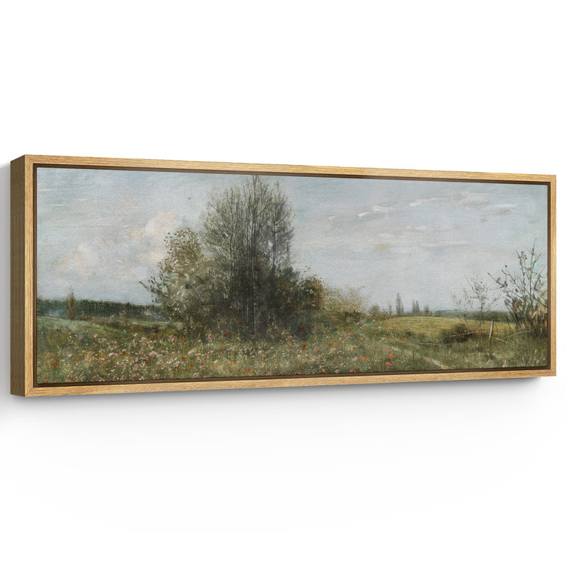 «Country Road Through Wildflower Field», impression sur toile surdimensionnée encadrée, H 20 po x l 60 po, Naturel