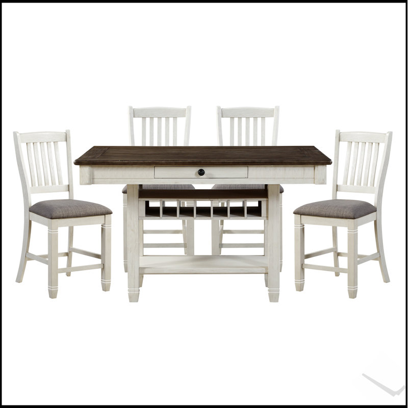 Table à hauteur de comptoir blanc antique et brun rosé avec tiroirs de rangement, étagère de présentation et support à vin pour un repas décontracté