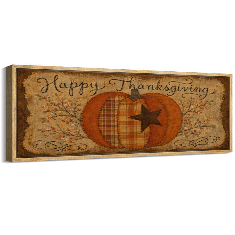«Happy Thanksgiving Patchwork Pumpkin Rustic Folk Art», impression sur toile encadrée, H 20 po x l 60 po x P 1,5 po, Naturel
