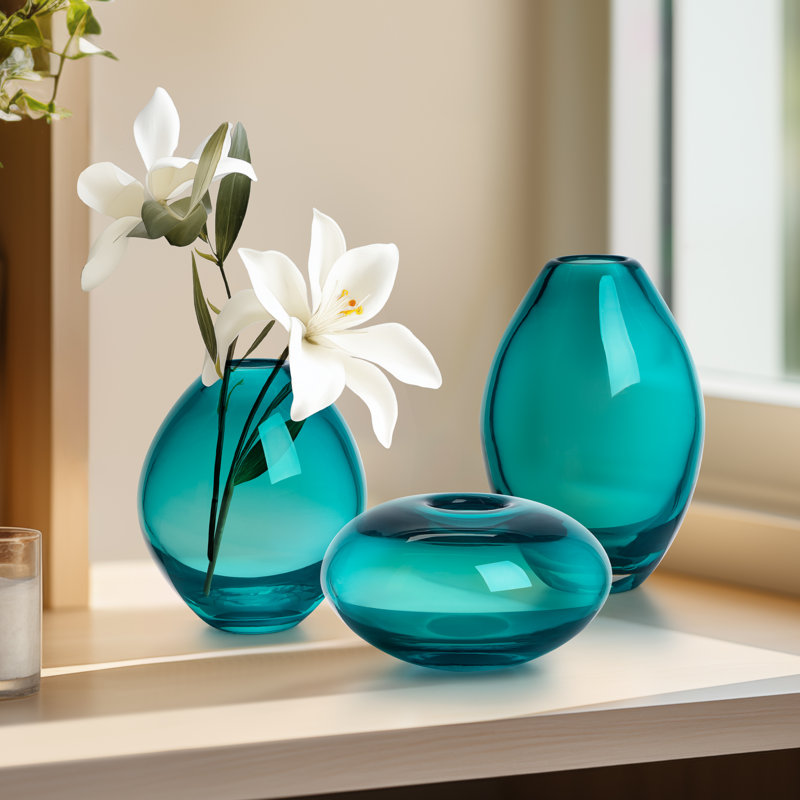 Ensemble de 3 vases en verre soufflé à la main Cecile (bleu sarcelle), Bleu sarcelle