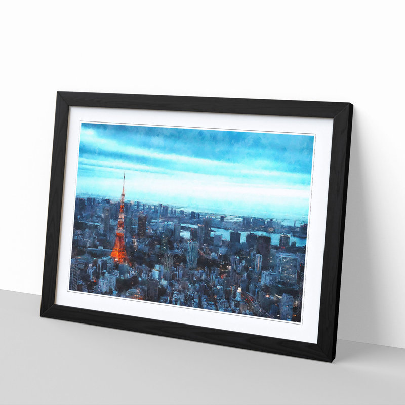 Tokyo Tower & Japan Skyline - Picture Frame Painting Print on MDF, 24cm H x 33cm W x 2cm D, Black Framed