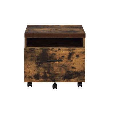 Weathered Oak & Black File Cabinet - Assembled, Wooden Top, Metal Legs, Compartment And Locked Storage Drawer Rectangular In Legs With