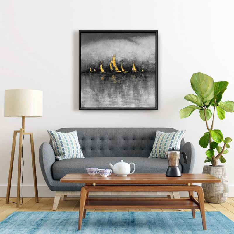 Toile de voiliers dorés | Art mural moderne abstrait, H 25,25 po x l 25,25 po