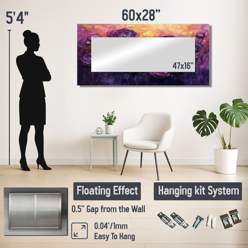 Lavande Ranunculus Flowers Field I - miroir floral pour décoration murale - imprimé sur métal, 28 po x 60 po