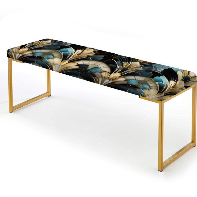 Emerald And White Damask Art Deco - Vintage Upholstered Gold Bench
