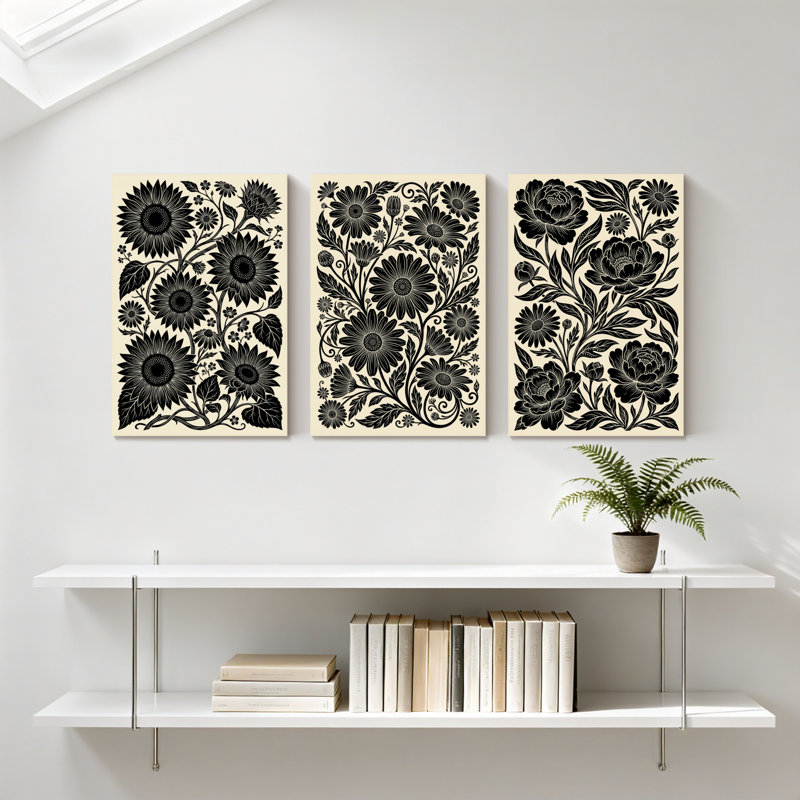 Plantes et fleurs, ensemble de 3 impressions sur toile à motif floral noir et blanc, H 30 po x l 60 po