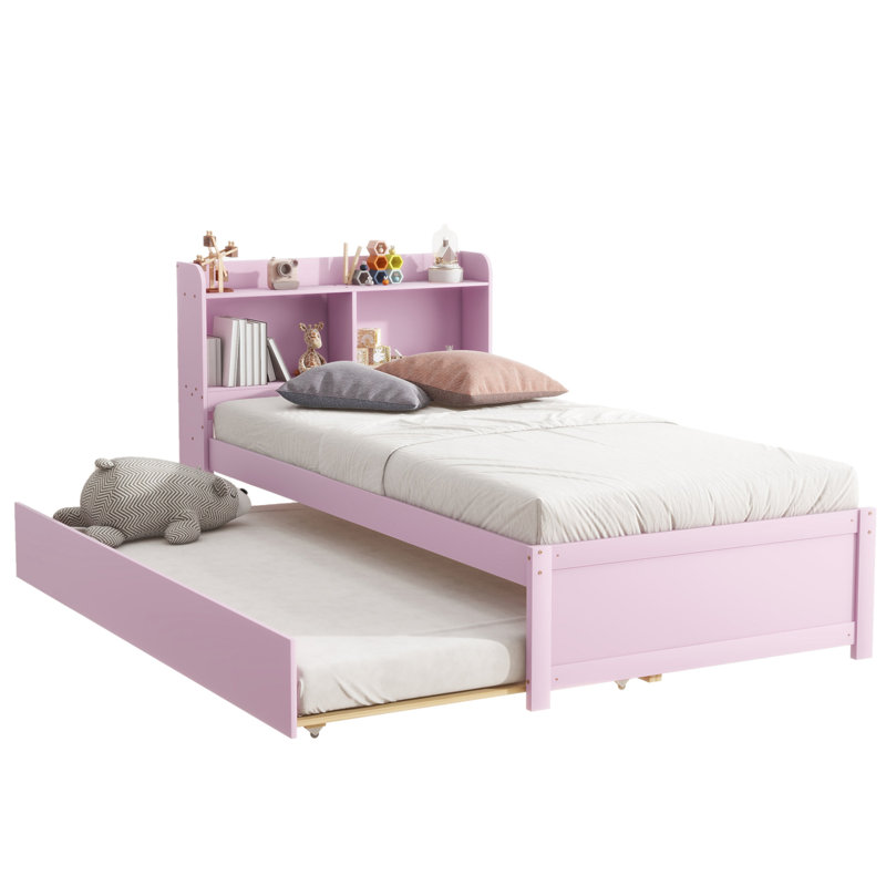 Twin Bed With Trundle,Bookcase,Pink