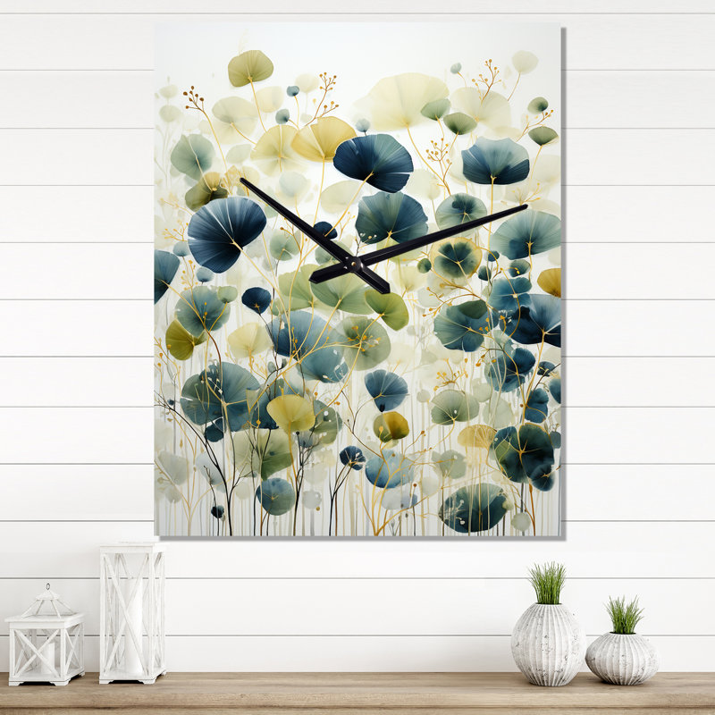 Horloge murale abstraite bleu vert et botanique, H 28 po x l 12 po x P 1 po