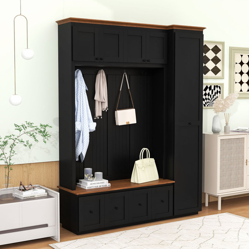 Hall Tree with Storage Bench, 4 Drawers, 2 Cabinets, 4 Hooks and Side Storage Organizer, Black