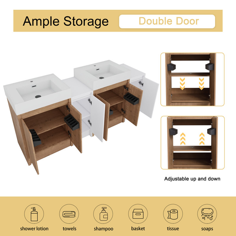Ensemble de meuble-lavabo double 70 po avec lavabo en résine Quarnar et armoire de rangement blanche, L 72 po