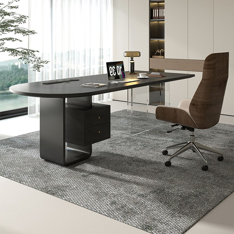 Bureau en bois massif noir + demi-cercle transparent + acier + acrylique avec 2 tiroirs, H 29,53 po x l 78,74 po x P 31,5 po