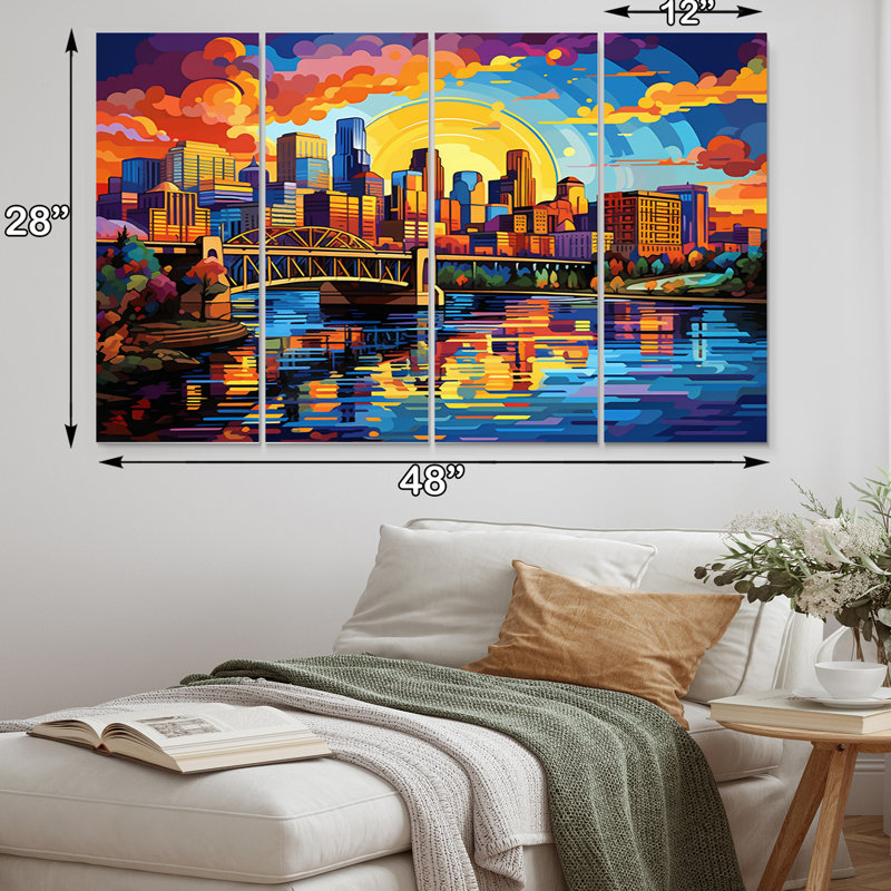 «Colorful City Minneapolis Popart II», reproduction d'art sur toile Minneapolis - 4 panneaux