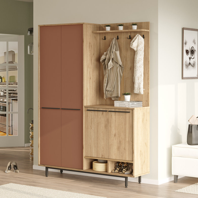 Modern Hall Stand with Multiple Shelves, Oak & Tile Red, 57.9 x 77.0 x 14.0 inches | 100% Melamine Coated Particle Board, Thickness: 0.7 inches | Wall-Mountable Design, Stylish & Functional for Entryway Organization