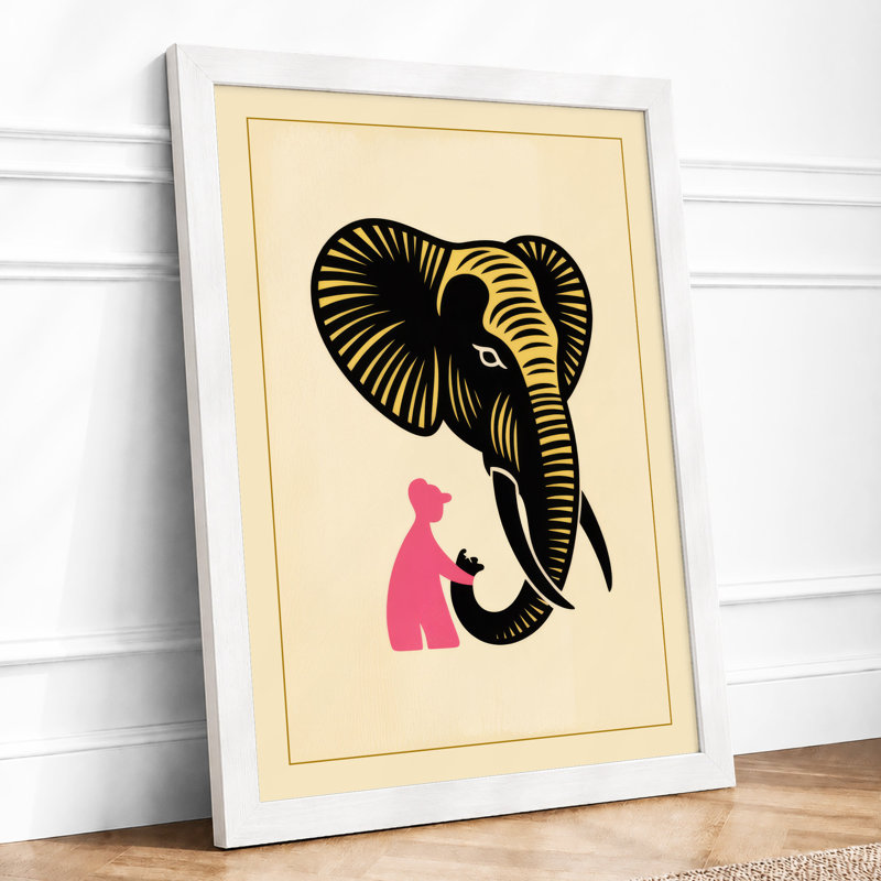 Figure Beneath Elephant Minimalist - Framed Print, A4 - 29.7 x 21.0 cm, White
