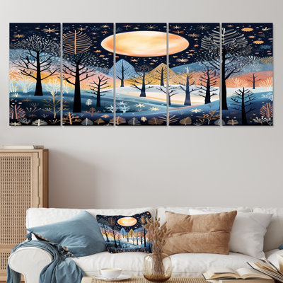 Pleine lune sur les bois d'hiver de Noël - Ensemble de 5 décorations murales forêt