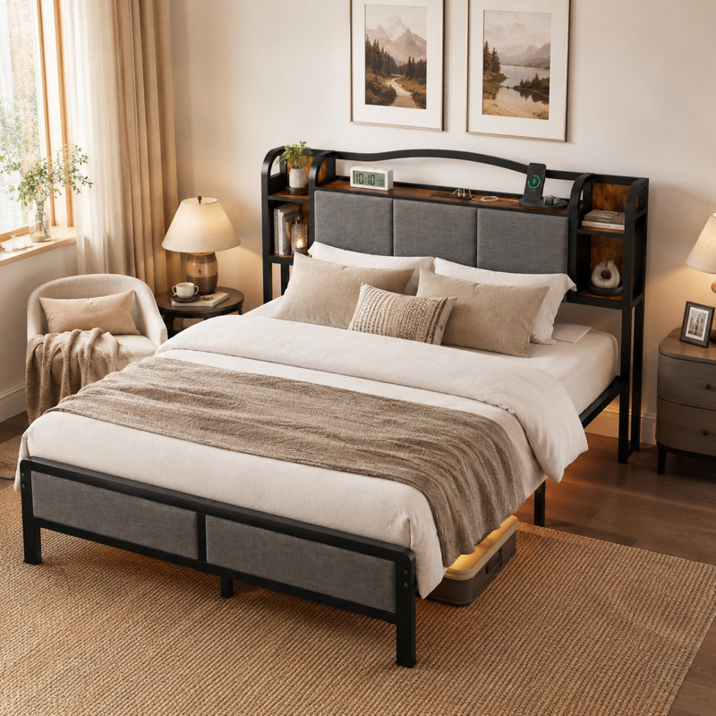 Upholstered Bed Frame With Led Lights & Charging Station, Queen