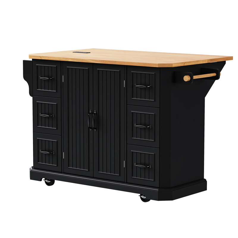 Large Kitchen Island With Internal Storage & 6 Drawers, Black 56 Inch Adjustable Shelves Charging Station