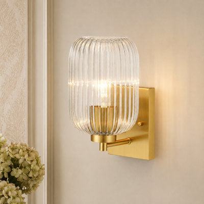 Brass Wall Light with Ribbed Glass Shade