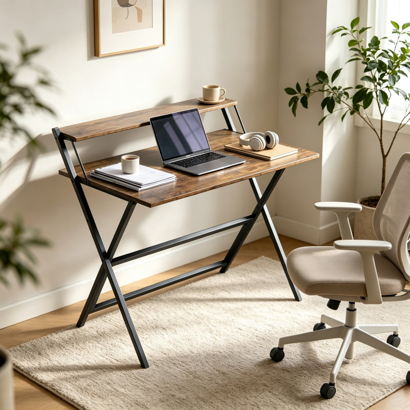 Steel Computer Desk, Rustic Brown