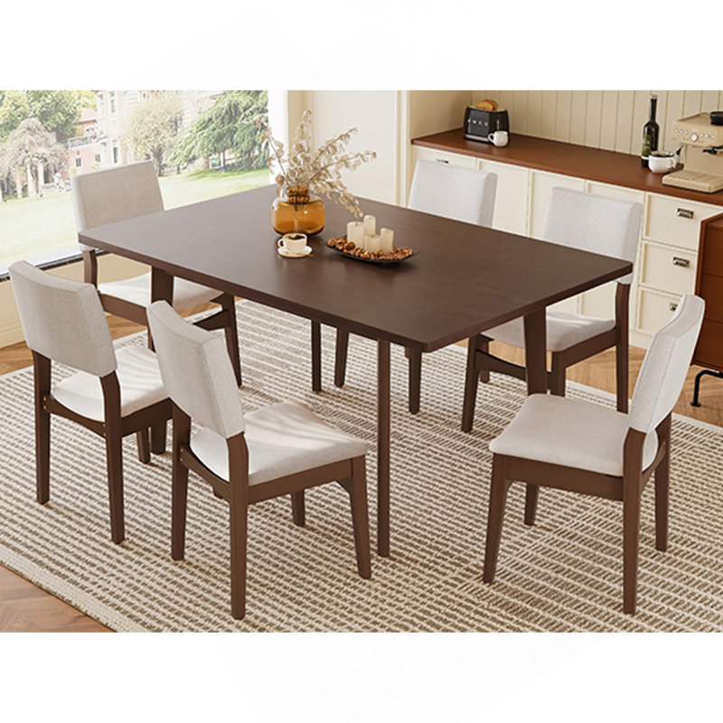 Ensemble de salle à manger moderne 7 pièces - Table rectangulaire en bois massif et chaises rembourrées en lin, finition noyer avec tissu beige pour la cuisine / salle à manger, noyer foncé