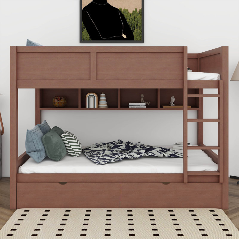 Full XL Over Full XL Bunk Bed With 2 Drawers, Wood Bunk Bed With Storage Cabinets And LED Lights, No Box Spring Needed, Brown