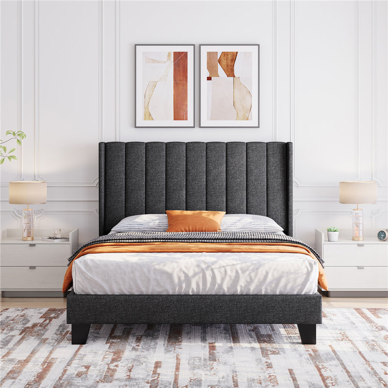 Upholstered Bed Frame with Channel Tufted Headboard, Double (4'6), Dark Grey