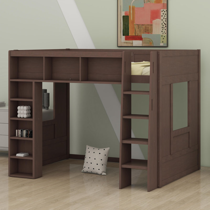 Lit mezzanine en bois avec armoires de rangement et tablettes, Brun