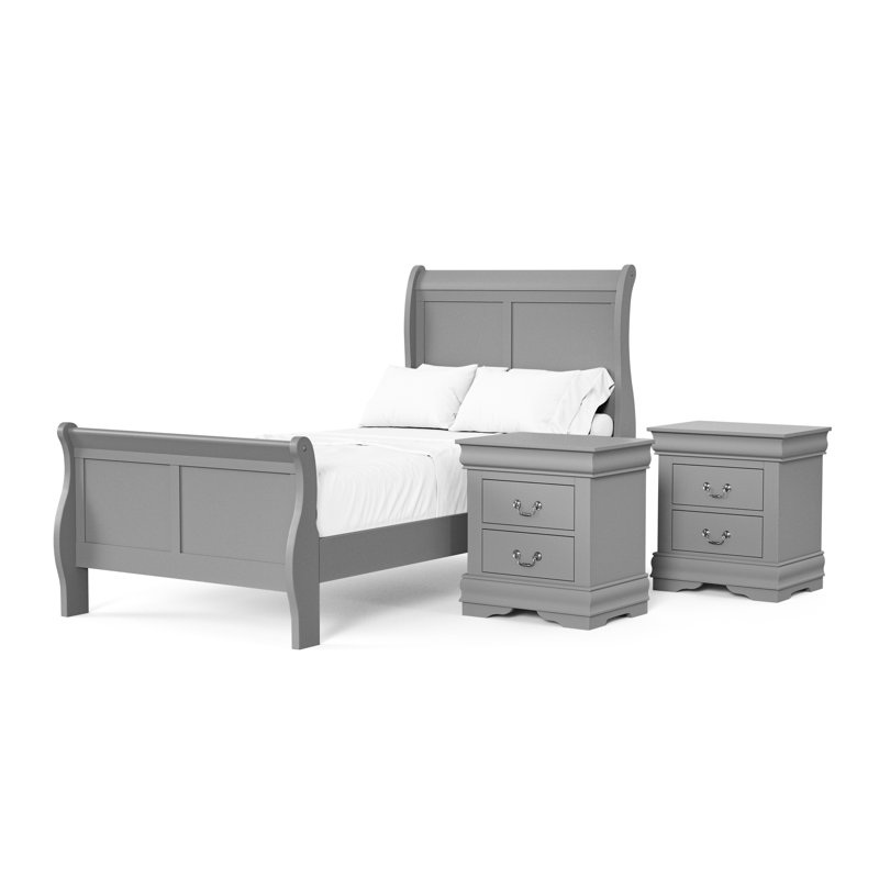 Ensemble de chambre à coucher Emelinda Extula, Gris, Simple, Trois pièces : lit, 2 tables de chevet