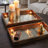Gery Serving Tray Set Of 2, Patterned Glass Base And Rustic Brown Frame