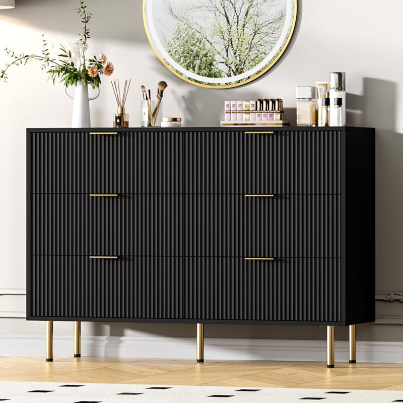 Modern Fluted 6-Drawer Dresser – Large Chest of Drawers with Gold Handles, Bedroom Storage Organizer for Clothes & Essentials, Stylish Dresser for Living Room, Hallway & Entryway