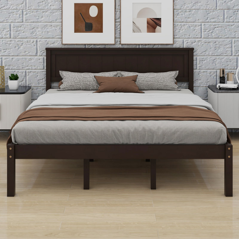 Base de lit plateforme avec tête de lit, support à lattes de bois, aucun sommier requis, Grand lit, Espresso