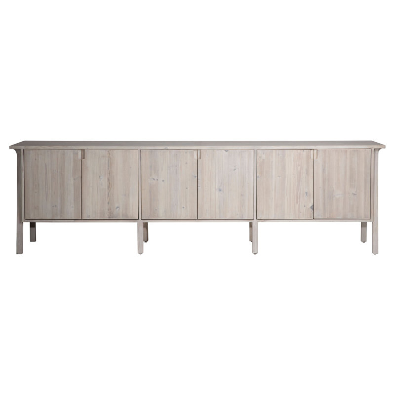 Torre 109-Inch Reclaimed Pine And Elm Mid-Century Styled 4-Door Sideboard, Light Grey Finish